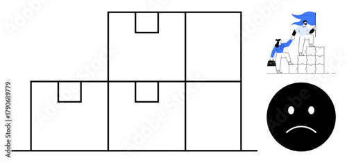 Hero aiding person scaling stacked boxes black sad face representing difficulty. Ideal for teamwork, problem-solving, leadership, overcoming adversity, success through support, motivation, simple