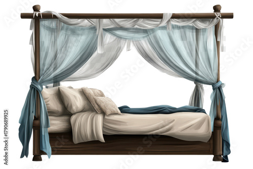 Elegant canopy bedroom set with soft fabrics isolated on a transparent background, showcasing a cozy and inviting design for modern interiors