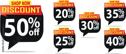 Discount Tags Vector Set, Popup Shop Now Speech Bubble, 50, 20, 35, 30, 25, 40 Off, Black Red EPS Element