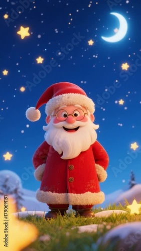 Smiling Santa Claus standing outdoors under starry night sky with crescent moon, cheerful Christmas 3D animation