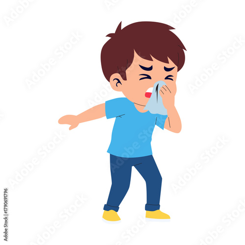 Boy with cold wipes nose with tissue, cartoon