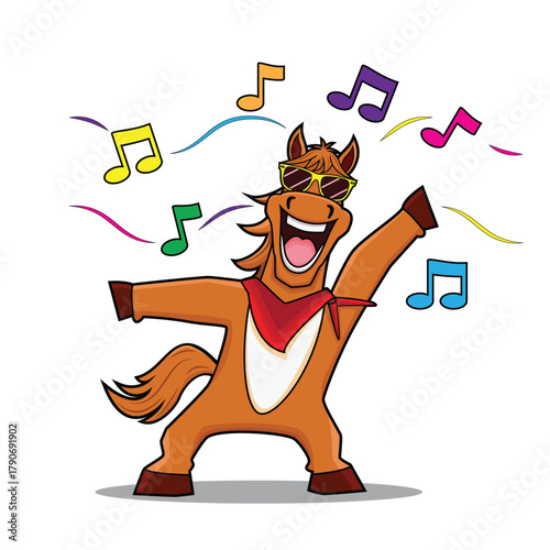 Illustration vector cartoon of colorful funny smiling horse with sunglasses in step dancing action