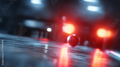 Dynamic red bowling ball rolling fast down a glossy lane with motion blur and atmospheric red lighting in a bowling alley.
