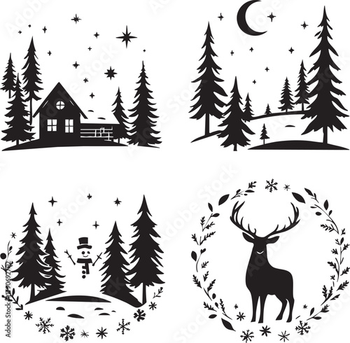 Winter silhouette scenes with cabin, moonlit forest, snowman, and deer in wreath design
