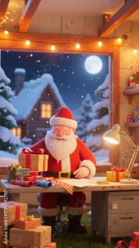 Santa Claus wrapping gifts at cozy cabin on snowy winter night, cheerful Christmas 3D animation