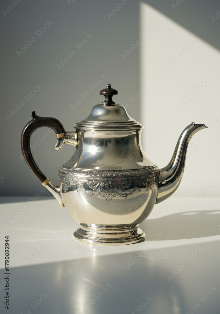 © lina - Silver teapot reflects light on a white surface © lina - Silver teapot reflects light on a white surface