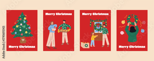 Set of Christmas and New Year greeting cards and banners showing a family baking cookies, decorating the house, Christmas tree and wreath, cozy festive home atmosphere illustration