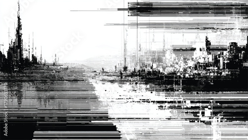 Fotografie Abstract city skyline with digital glitch effect and fragmented urban landscape isolated on white background, Vector, illustration