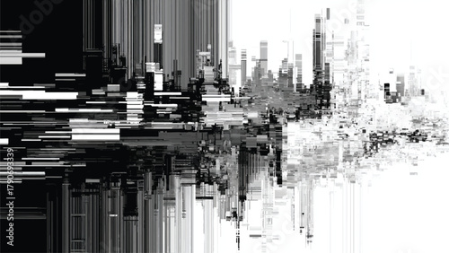 Fotografie Abstract city skyline with digital glitch effect and fragmented urban landscape isolated on white background, Vector, illustration