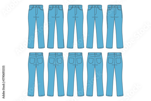 A collection of ten pairs of blue jeans is displayed in two rows against a white background.