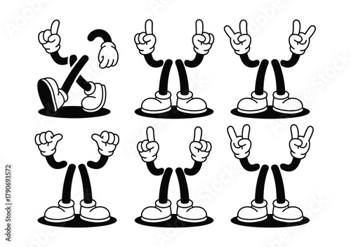 Retro Cartoon Character Limbs Legs and Hands Posing Set in Black and White