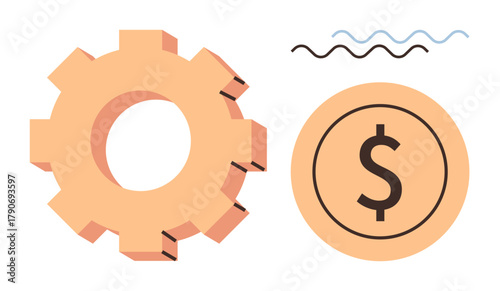 Gear alongside dollar coin symbolizing productivity, financial growth, and economic concepts. Ideal for business, finance, investment, economics, budgeting savings operation management. Simple flat