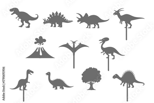 A collection of dinosaur silhouettes and a volcano are shown against a white background.