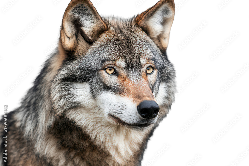 Obraz premium Close up of a gray wolf showcasing its striking features and gaze against a neutral background, highlighting its beauty and wild nature