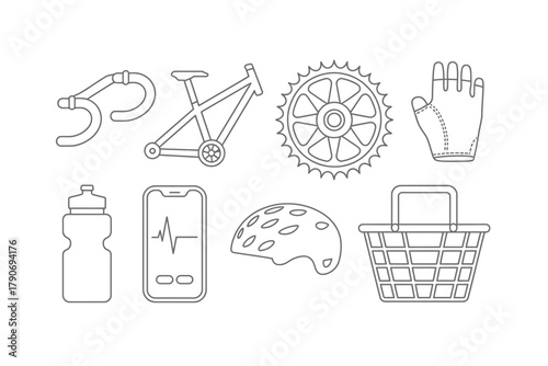 Collection of line art bicycle equipment and accessories is depicted.