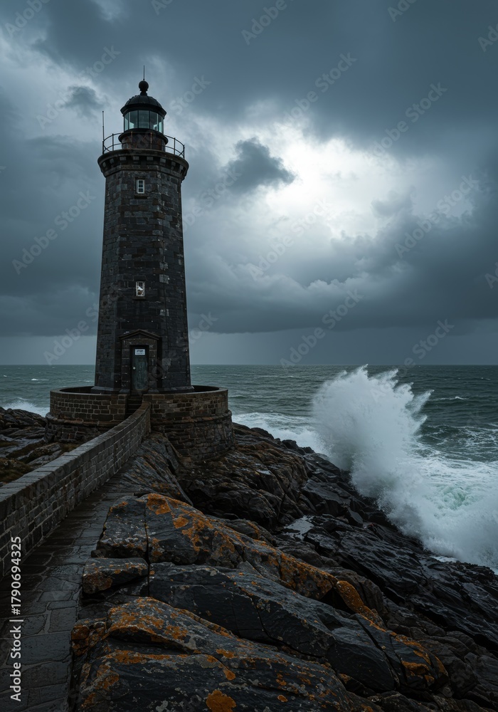 Fototapeta premium Lighthouse stands against seas at rocky