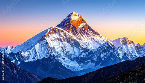 Majestic mountain peak highlighted by sunrise, surrounded by snow and shadowed valleys under a clear sky
