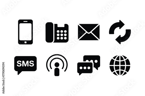 A collection of communication icons including a smartphone, landline phone, and email symbol.