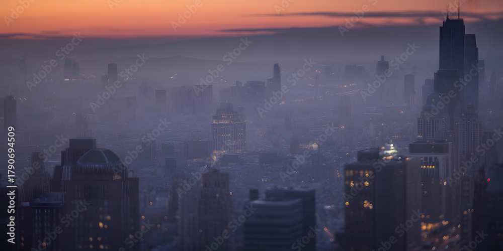 Fototapeta premium Urban skyline at dawn with cityscape shrouded in fog creating a serene and atmospheric scene highlighting the architectural beauty of skyscrapers under a soft colorful sky
