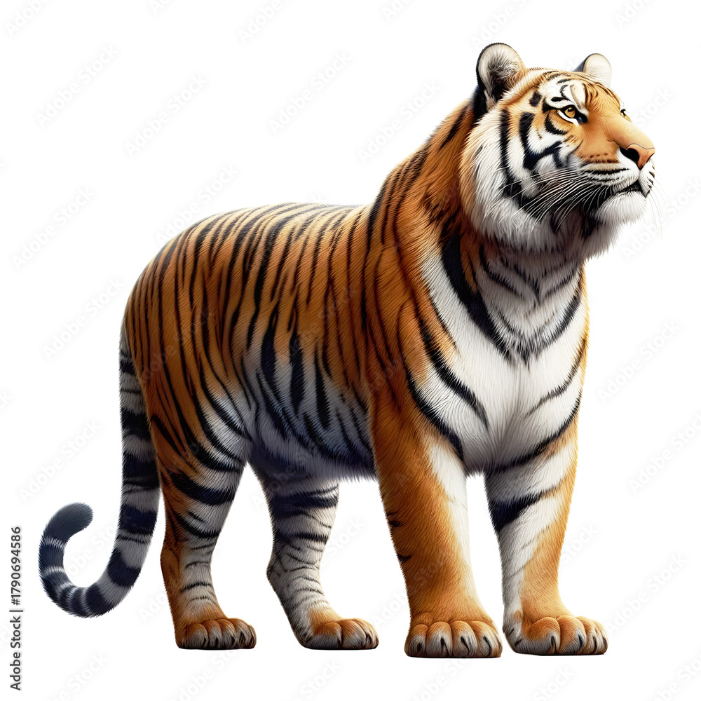 Obraz premium Tiger PNG isolated on a Transparent background, Side view, tiger standing full body HD image generated by Ai. 