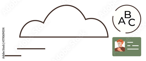 Cloud outline, ID card with avatar, alphabet letters in circle. Ideal for data storage, identification, education, tech, digital security communication and resources. Simple flat metaphor