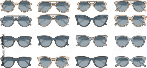 cad drawing flat vector illustration, sunglasses collection, eyewear fashion, round aviator cat eye wayfarer, stylish frames, tinted lenses, accessory design
