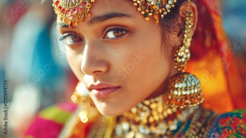 Young Indian Woman in Traditional Jewelry with Intricate Details and Vibrant Colors Captured in a Festive Atmosphere