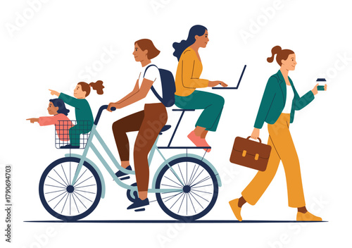 Modern multitasking women illustration with family balance work and lifestyle concept vector design