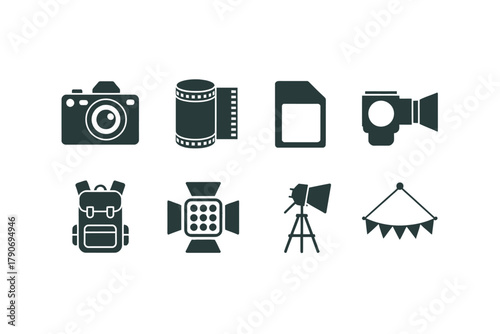 A collection of photographic equipment and accessories is displayed as icons.
