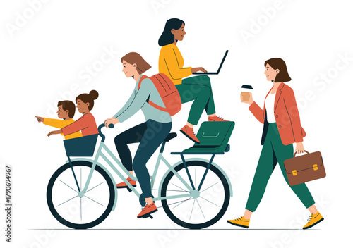 Multitasking Urban Professionals Navigating City Life with Modern Transportation and Technology vector illustration
