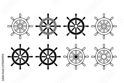 A collection of eight nautical ship steering wheels are displayed in two rows.