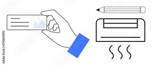 Hand holding ID card beside pencil and heating device emitting warm waves. Ideal for workspace, technology, identification, organization, comfort, authentication, efficiency. Minimalist flat metaphor