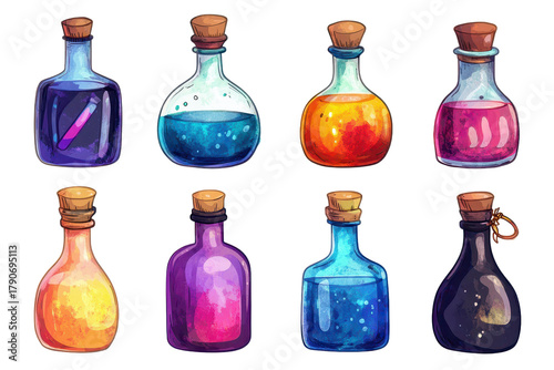 Collection of bright and colorful potions displayed on a white background showcasing different shapes and vivid hues
