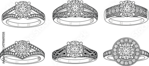 Engagement rings, diamond jewelry, wedding bands, ornate designs, filigree patterns, halo setting, luxury accessories, black and white sketch, vector illustration, cad drawing flat vector illustration