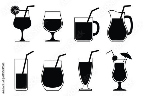 A collection of various drinks in glasses and a pitcher is depicted on a white background.