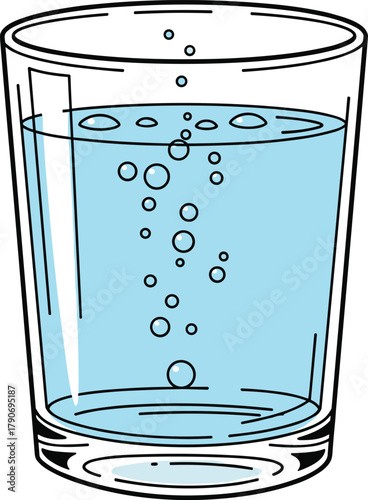Glass of blue liquid with bubbles rising, water effervescence, carbonated drink, refreshing beverage, clean hydration, scientific chemistry vector illustration