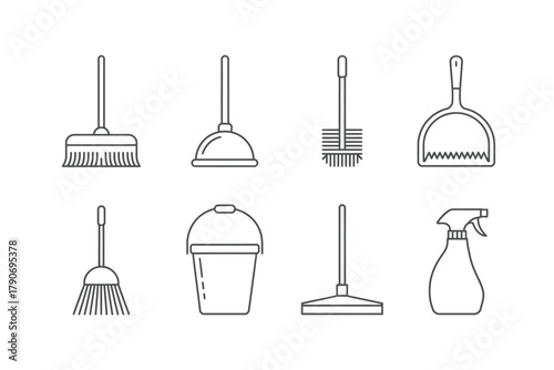 A collection of cleaning tools and supplies is shown in a line drawing.