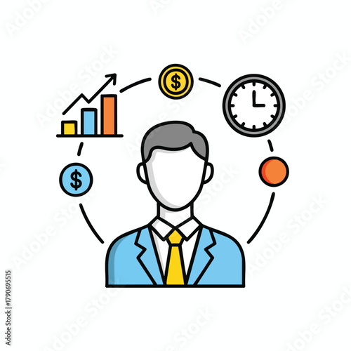 Businessman icon with orbiting symbols for time management financial growth and money.