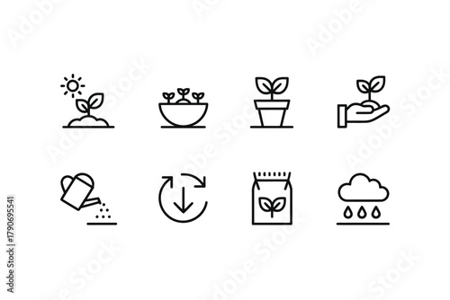 Collection of simple line icons representing plant growth and care.