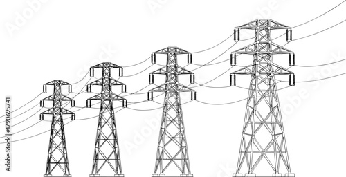 High voltage electricity transmission towers, power lines infrastructure, black and white engineering drawing, energy distribution pylons, cad vector flat illustration