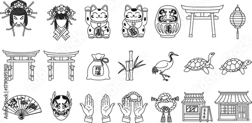 Japanese cultural icons, kabuki mask, maneki neko, daruma doll, torii gate, crane, turtle, lantern, bamboo, fan, architecture vector illustration