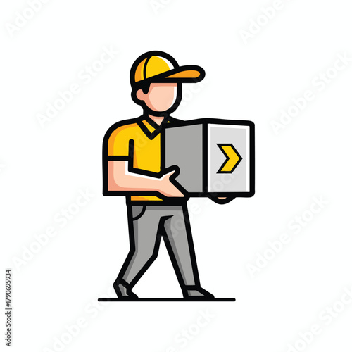 Cartoon delivery man in a yellow uniform and cap carrying a grey package with a yellow arrow logo.