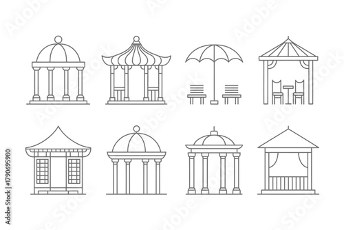 A collection of architectural line drawings of different gazebo designs is displayed.