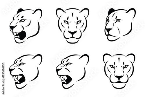 Six stylistic depictions of a lion's head show various expressions.