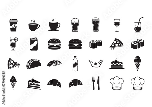 Food and drinks set icons for menu, infographics, design elements – stock vector