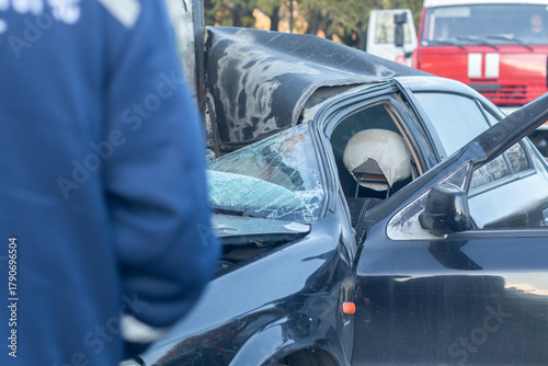 Obraz na plátně A serious car accident has occurred, ambulances and emergency services have arrived at the scene