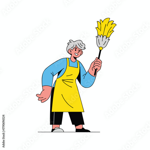 Cheerful cartoon cleaner in a yellow apron holding a feather duster aloft.
