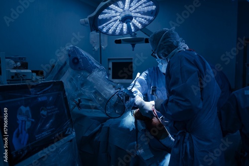In a brightly lit operating room, surgeons use robotic technology during a knee replacement. A screen displays planning data, assisting with precision and personalized alignment