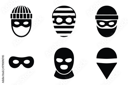 A collection of stylized icons representing different types of masks and disguises used by criminals.