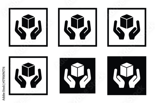 Set of six icons showing hands carefully holding a cube, symbolizing fragile or handle with care.